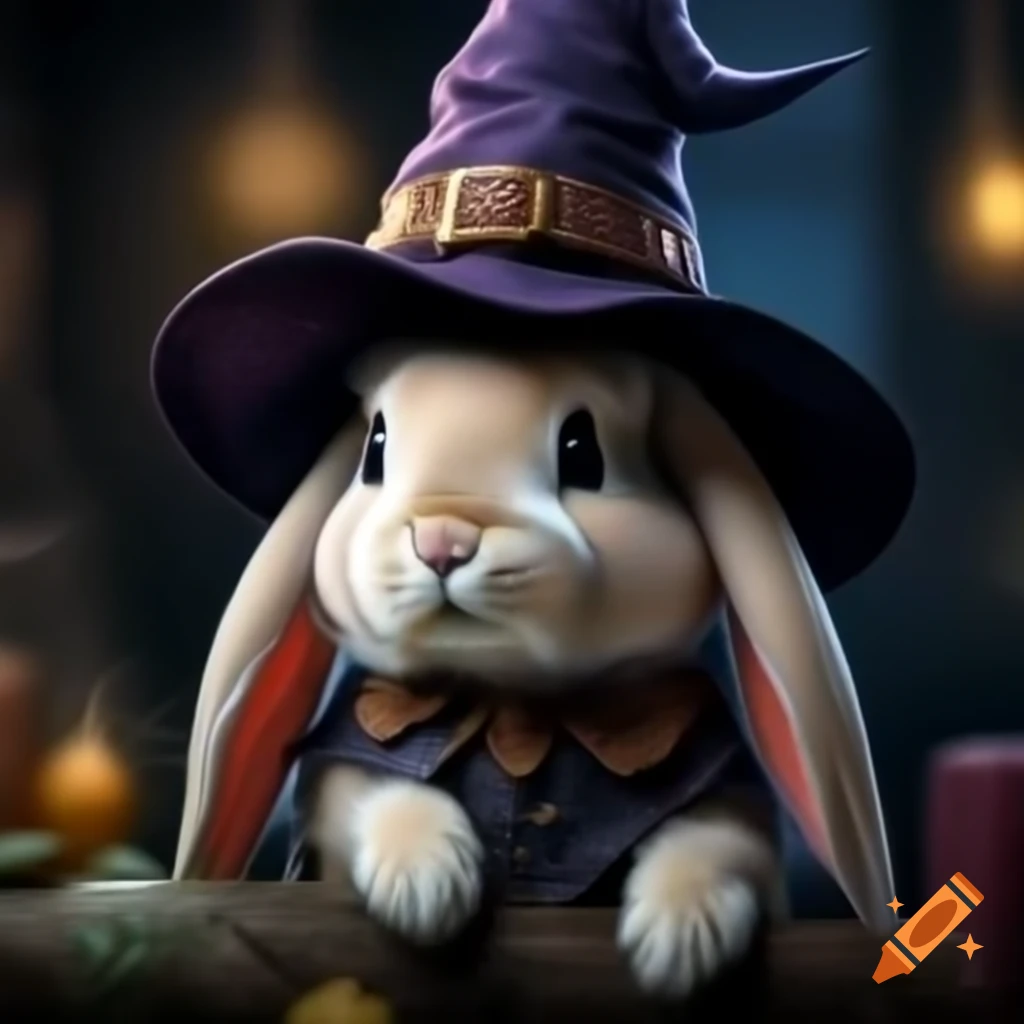 Kawaii bunny wearing a witch hat