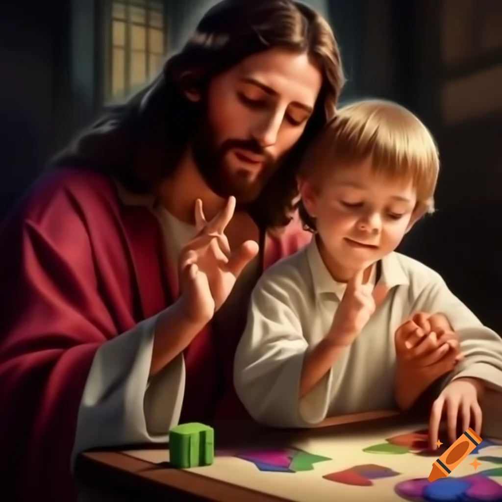 Jesus Christ signing 'love' in ASL to an autistic boy with colorful puzzle pieces