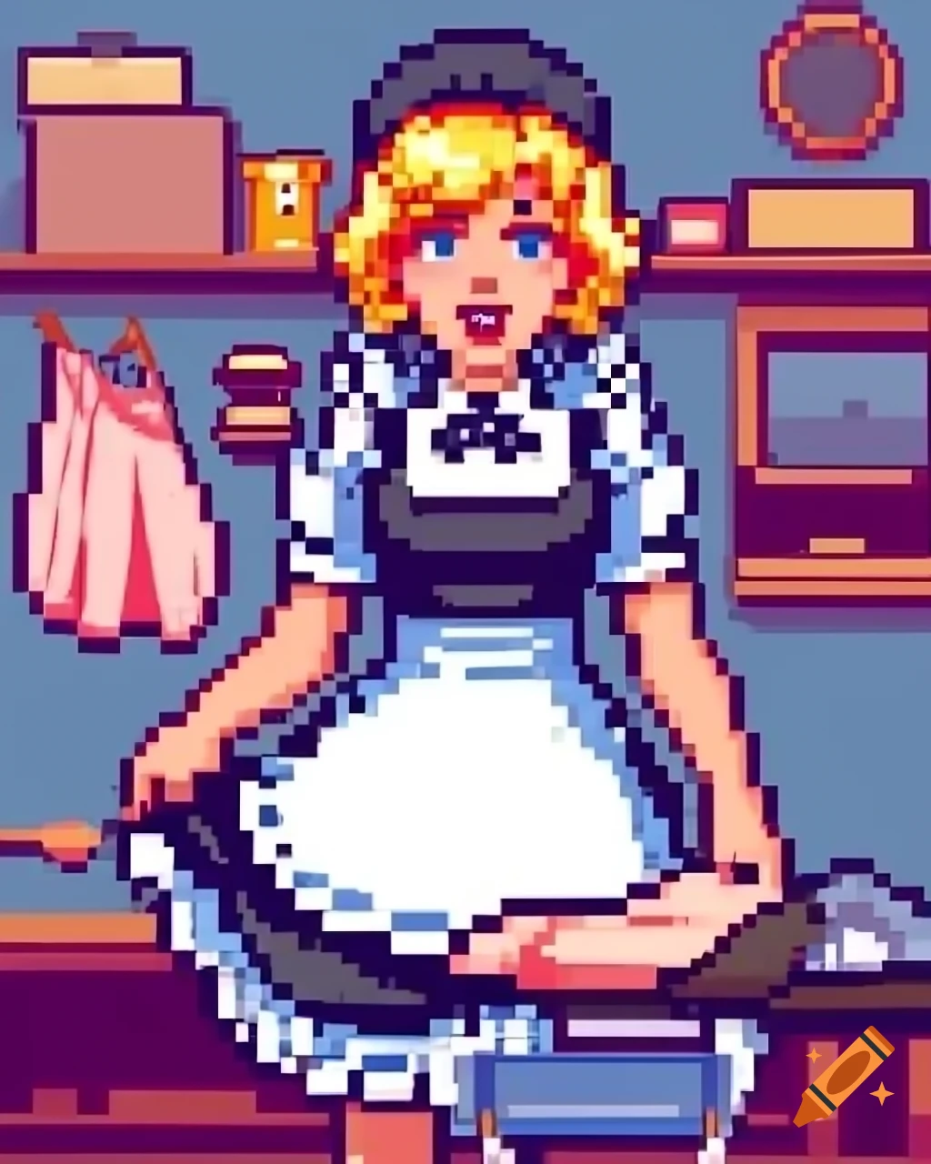 Retro 90s pixel art of a maid ironing clothes