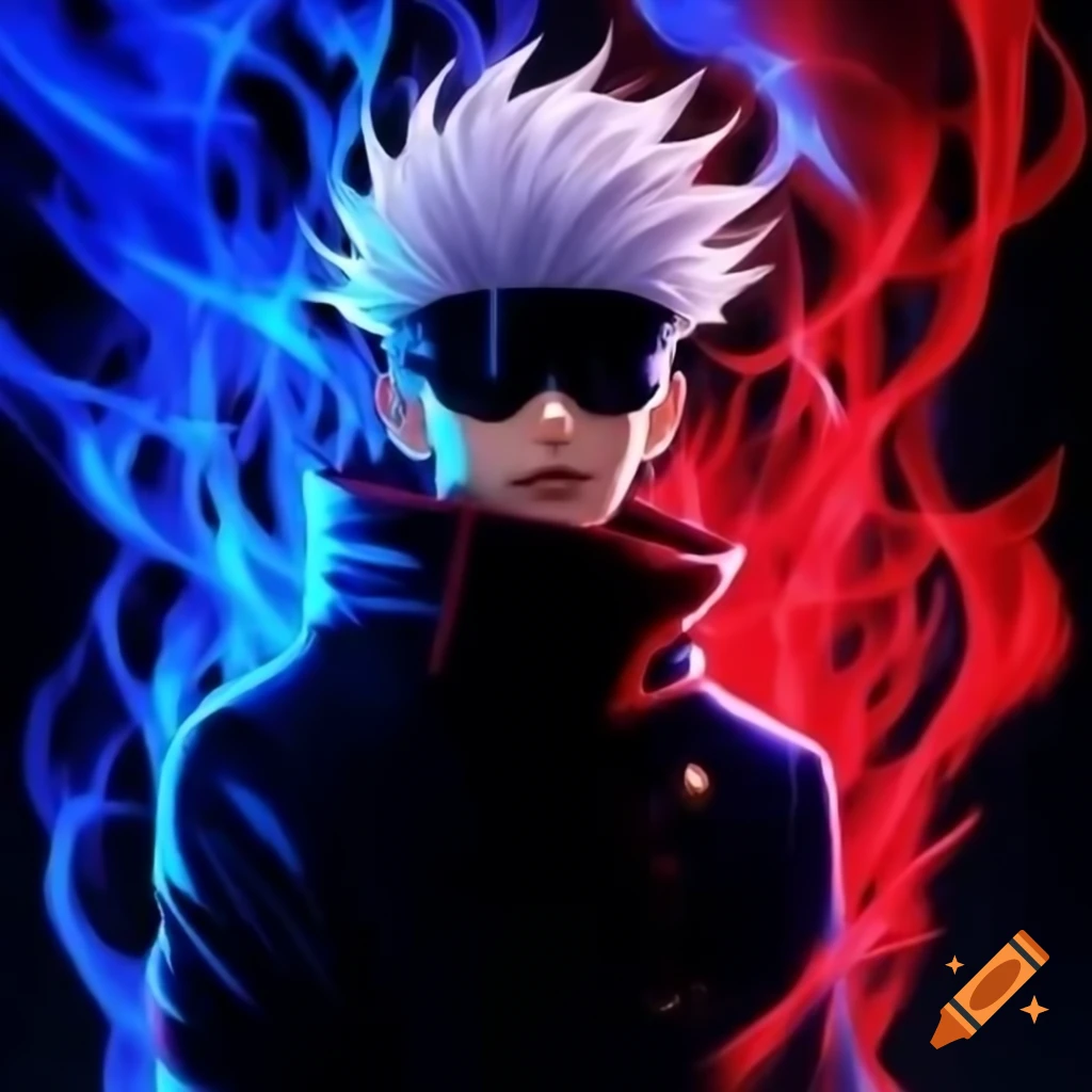 Satoru Gojo from Jujutsu Kaisen in full body with red and blue aura