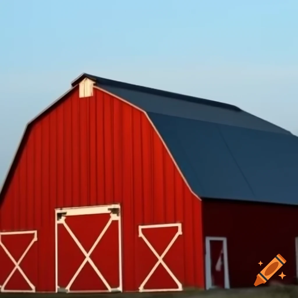 Bright red barn with black metal roof and plain red doors