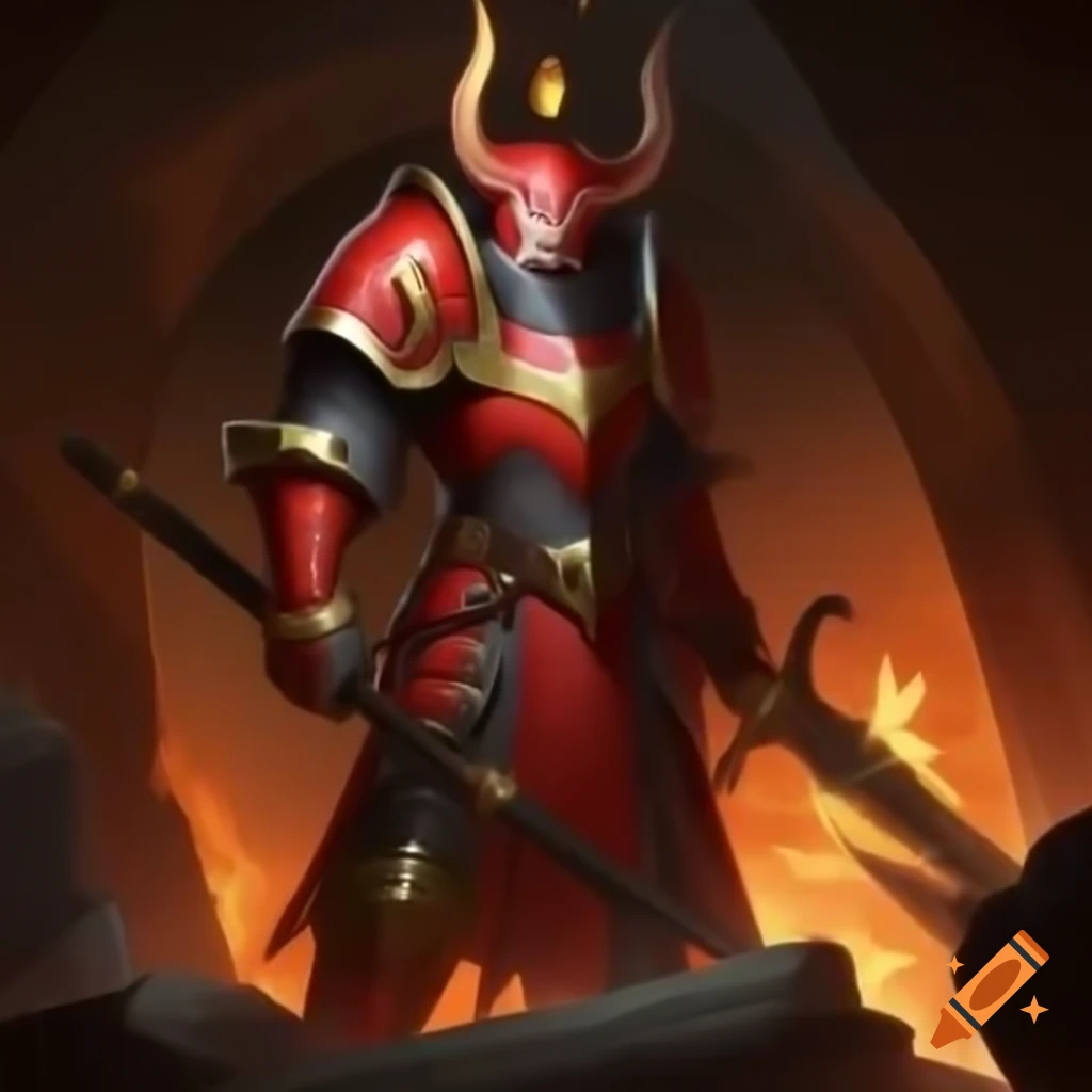 Fire knight in red and gold wielding a flaming spear entering cave
