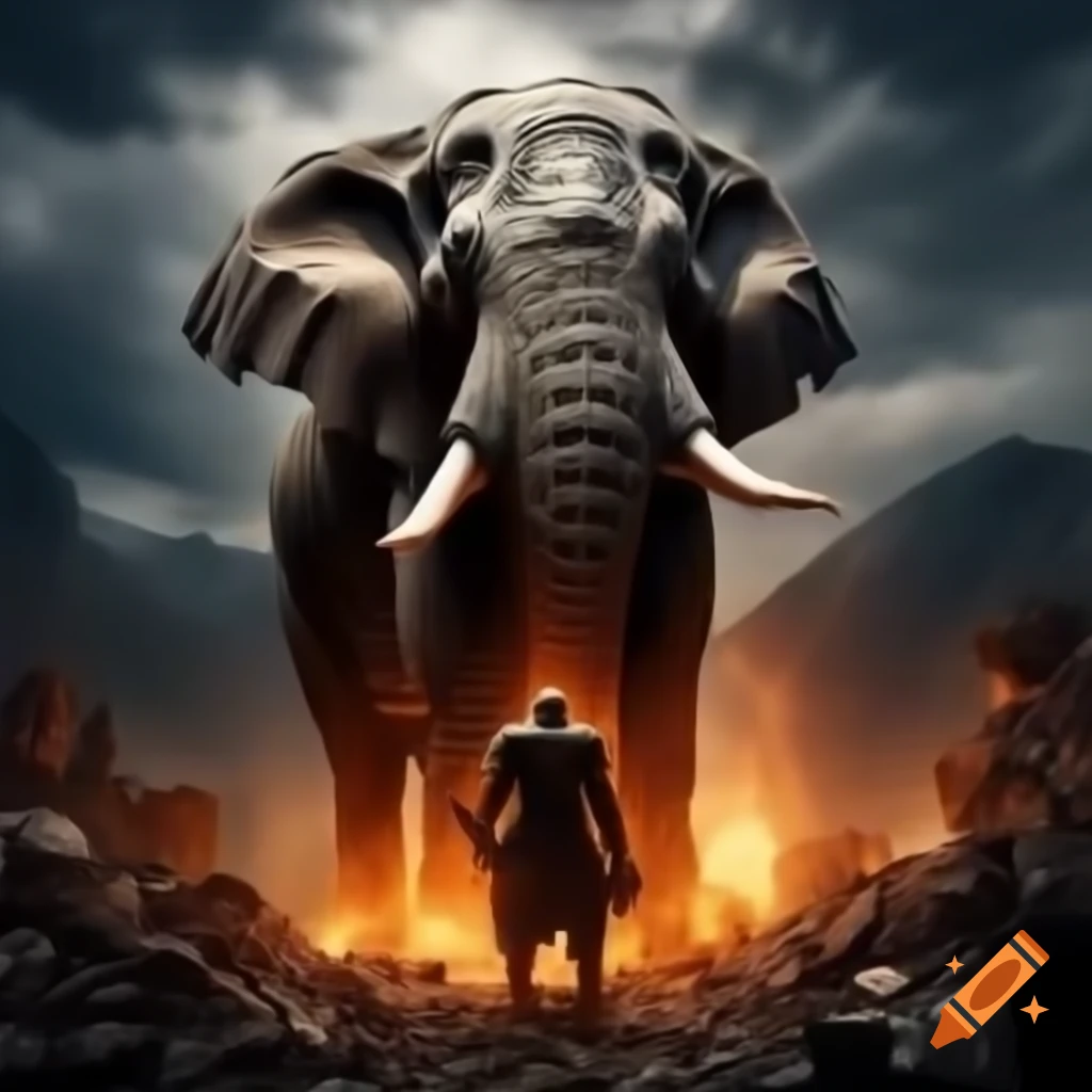 Human-like elephant in armor with axe amidst explosion in mountainous area