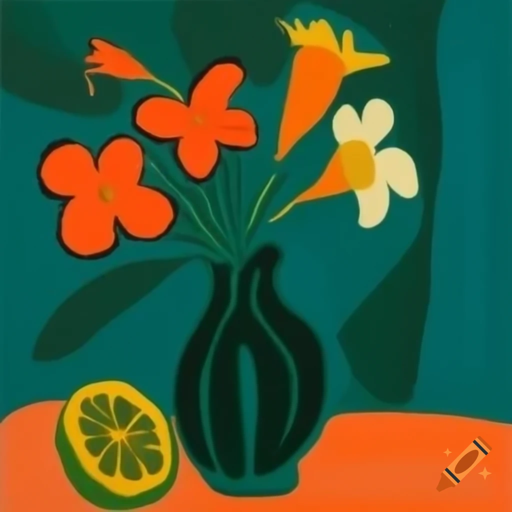 Abstract painting inspired by Matisse's fauvism featuring a green exotic vase with Hawaiian flowers