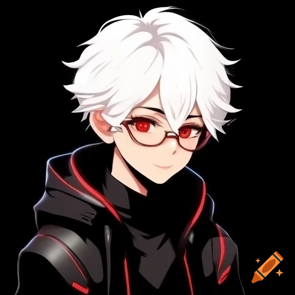 Anime character with red eyes and white hair in a black jacket, kind expression