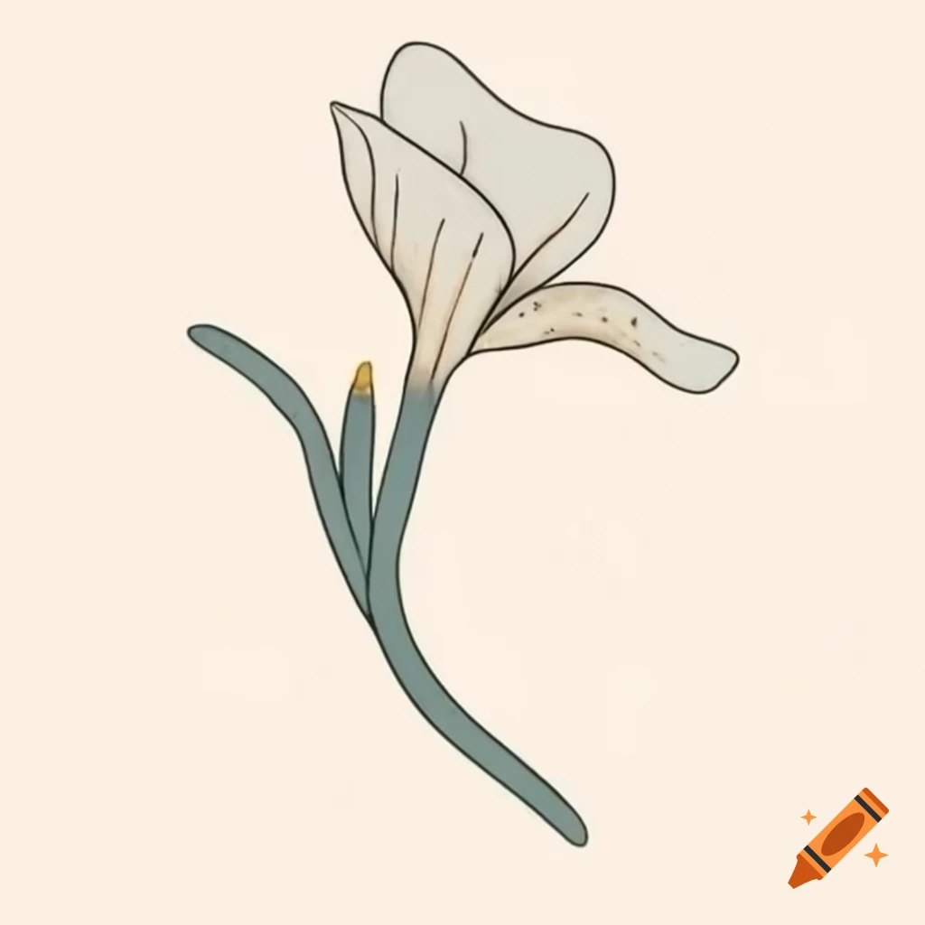 Stylized illustration of curved tajitu flower stem with greyish-white blossom