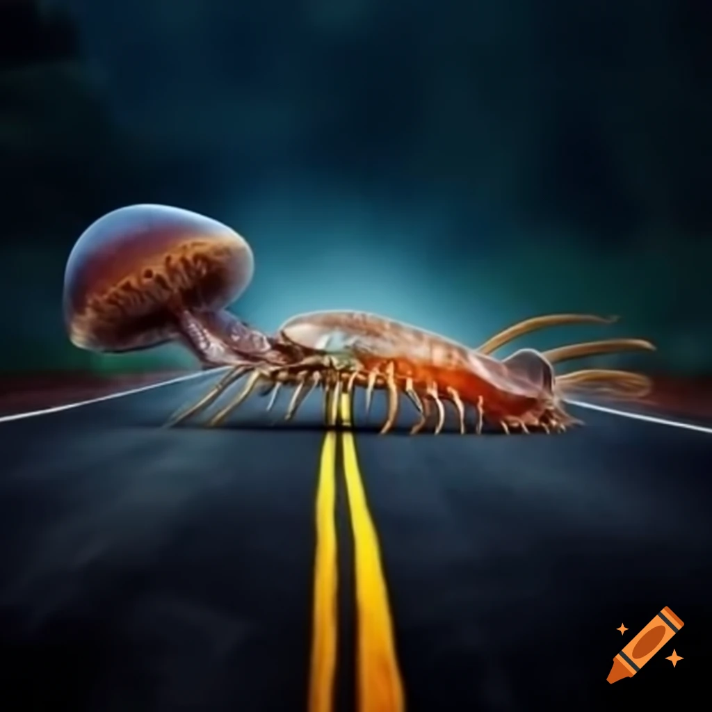 Life-like androgynous alien with jellyfish and centipede features by headlights on abandoned road