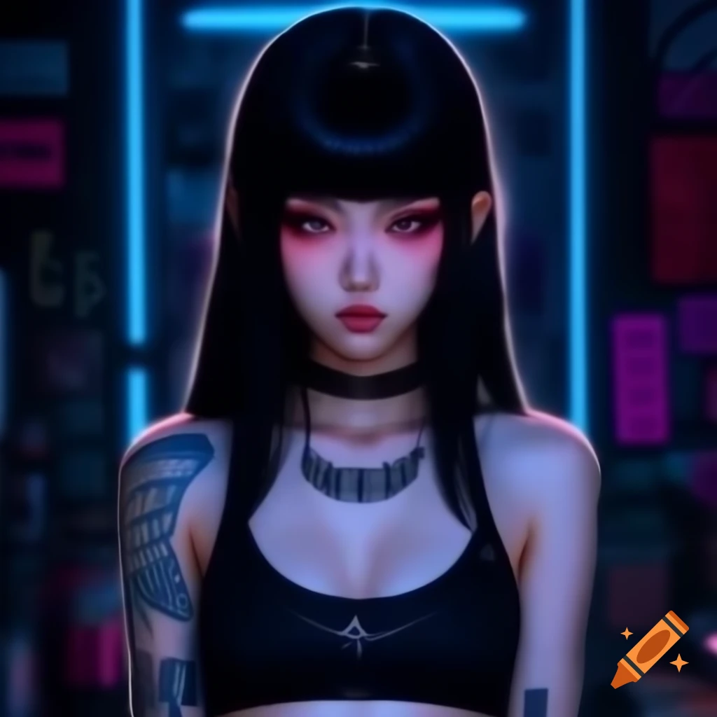 Punk inspired young woman in dystopic fashion with black hair and