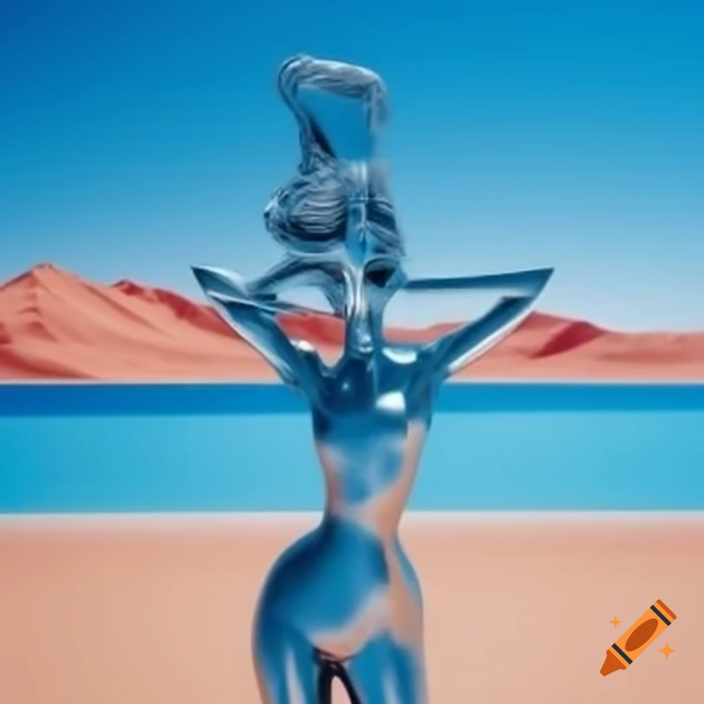 Pop surrealistic photography of silver statue of woman in desert with blue lake