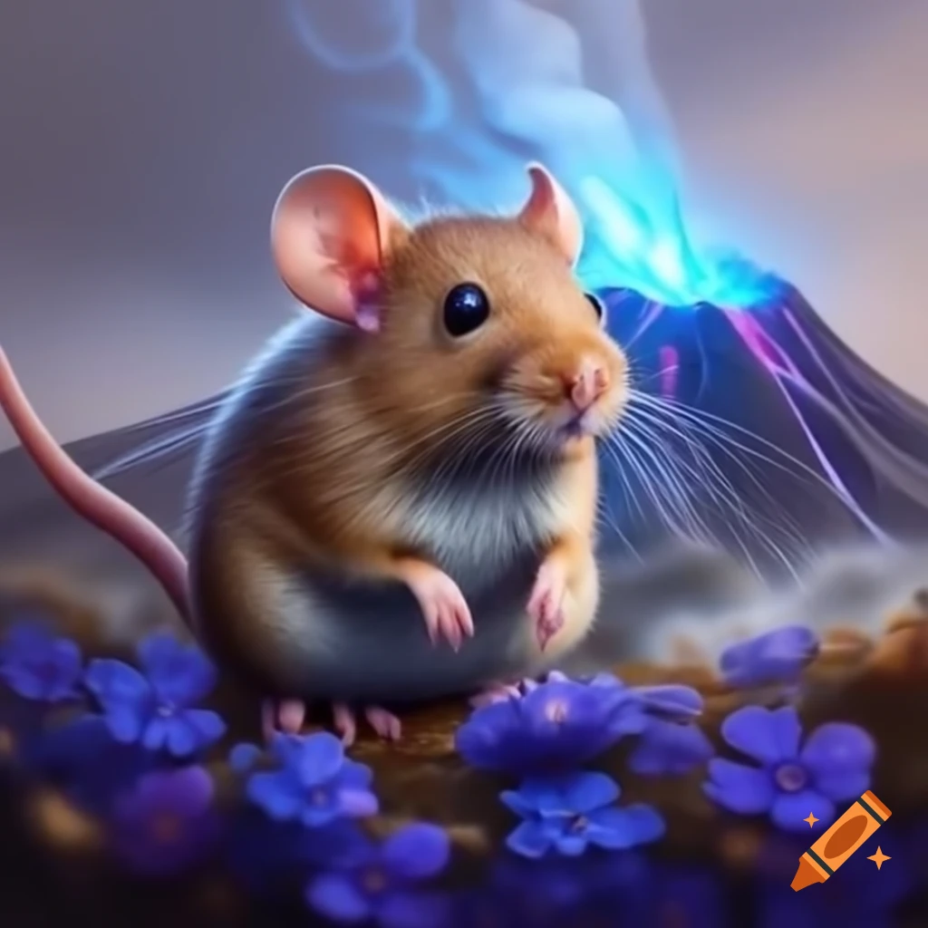 Mouse among blue and purple flowers with volcano in background
