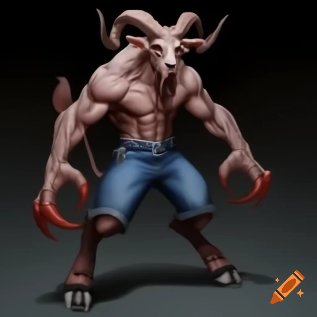 Realistic depiction of a goat-headed demon with large horns and muscular legs in a standing posture
