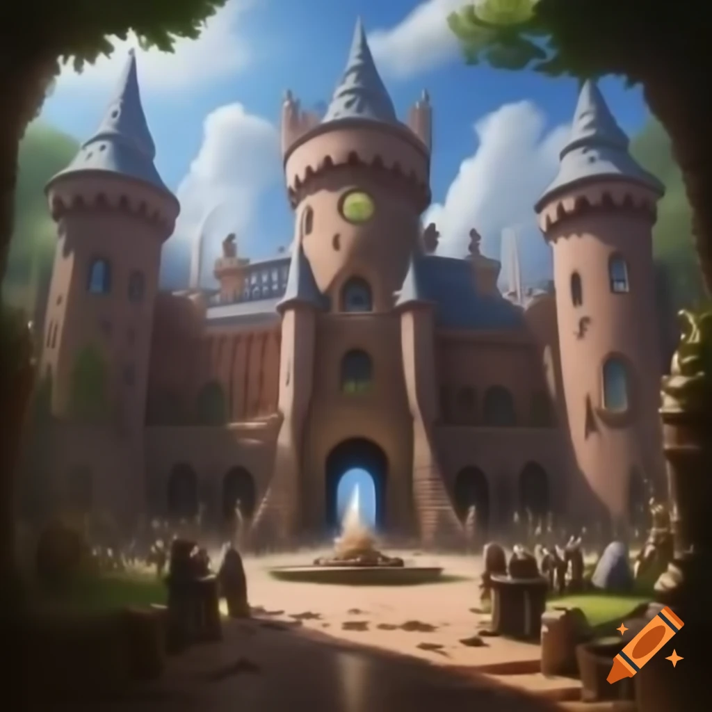 Fantasy castle courtyard celebration for king's birthday with cake and sunlight