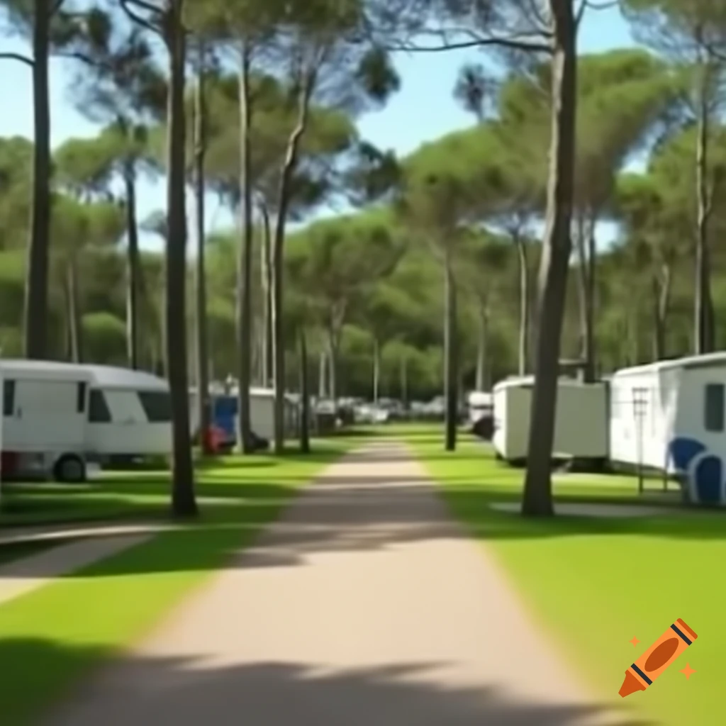Caravan park with various vehicles and green spaces
