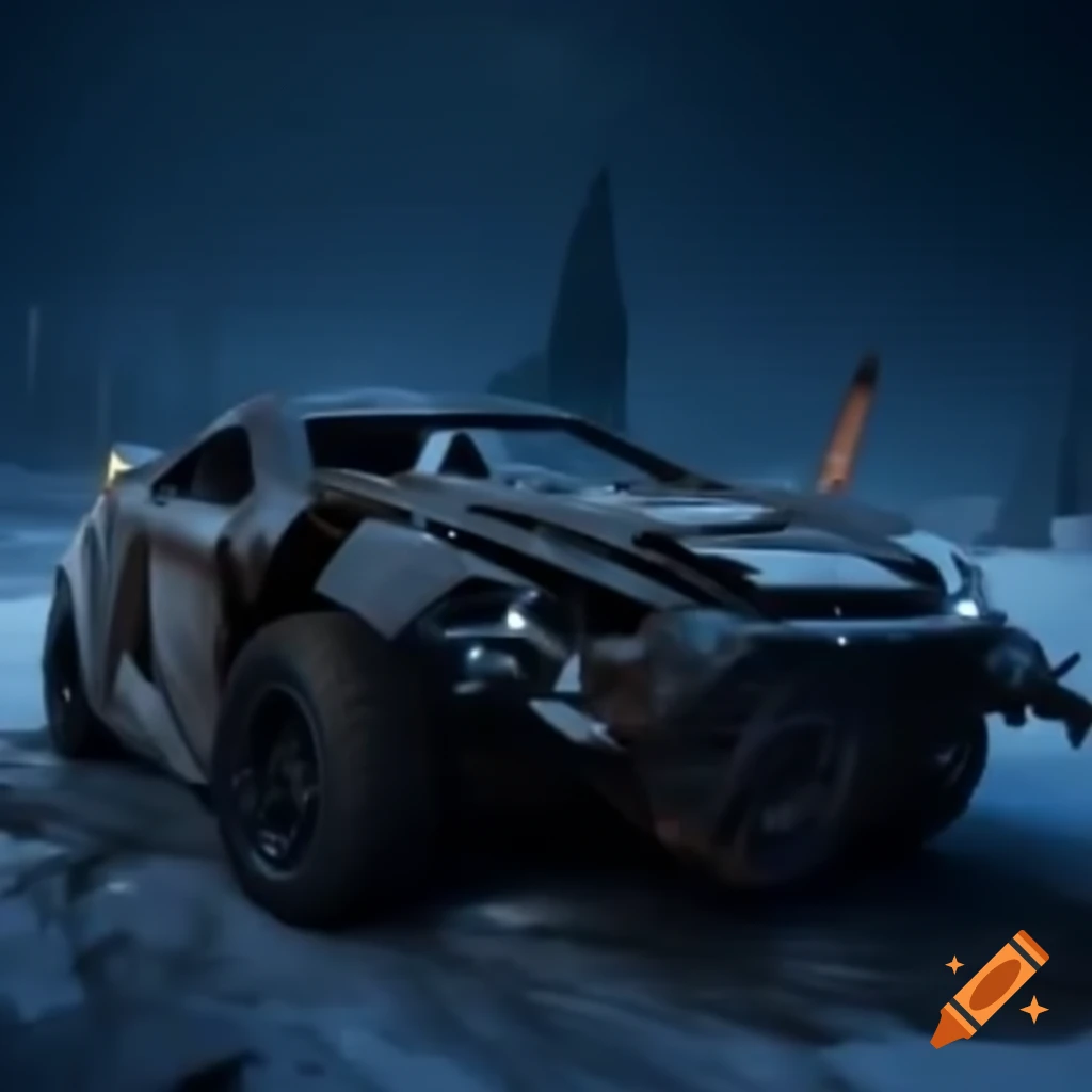 Futuristic post-apocalyptic Mitsubishi sports car in snowy wasteland at night