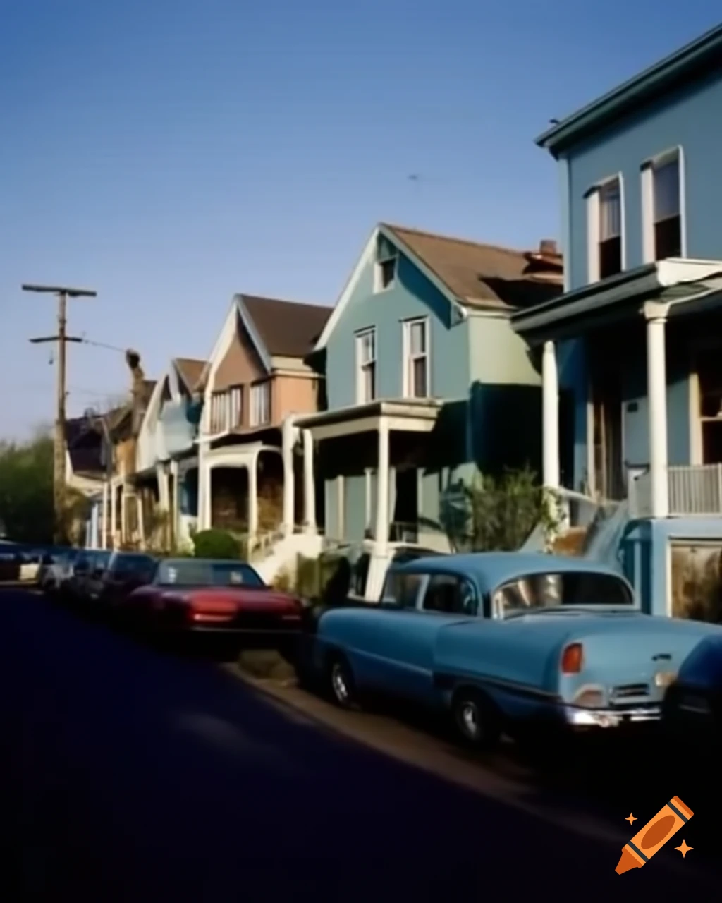 Pastel blue houses and vintage cars in nostalgic 90s streets