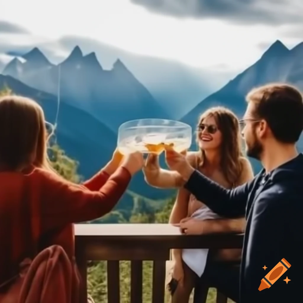 Three friends toasting with mountain scenery in the background