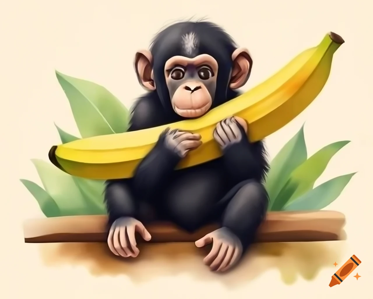 Dark skinned chimpanzee baby peeling banana on log in watercolor style
