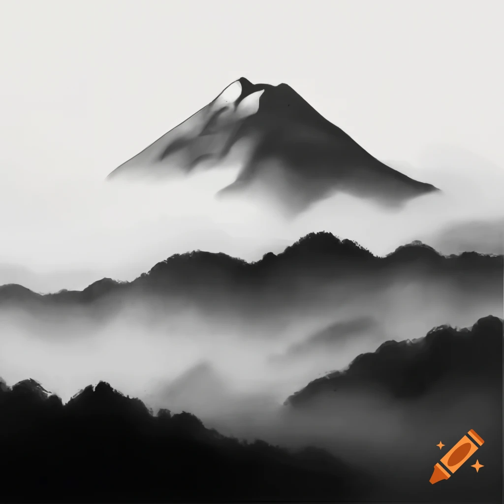 Monochrome ink painting of misty Songshan mountain