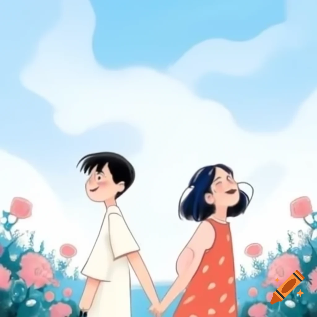 Couple joyriding on flowery path under radiant blue sky