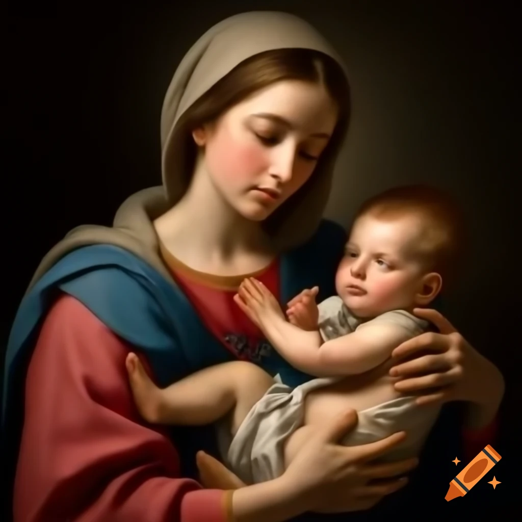 Virgin Mary cradling infant Jesus, symbolizing maternal love and divine presence