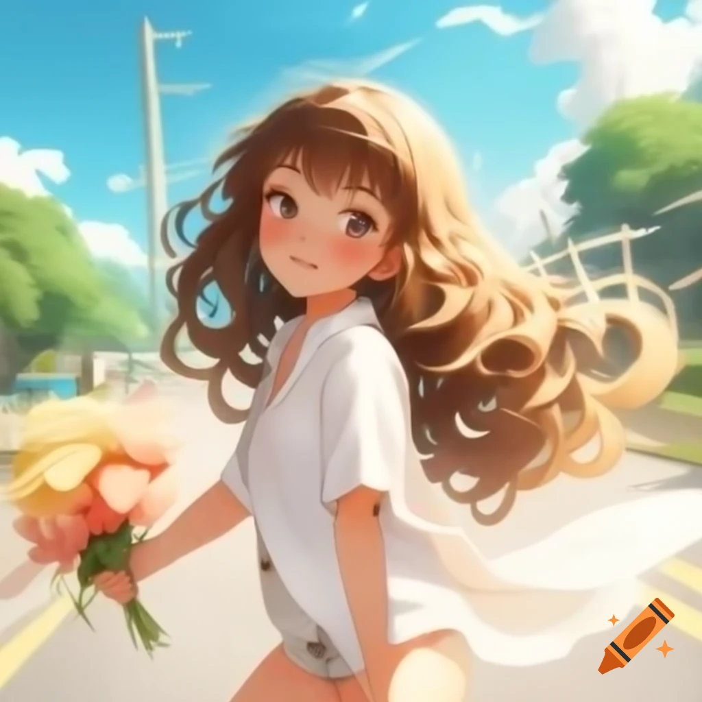 Girl with wavy brown hair and flowers in sunny setting, holding bouquet
