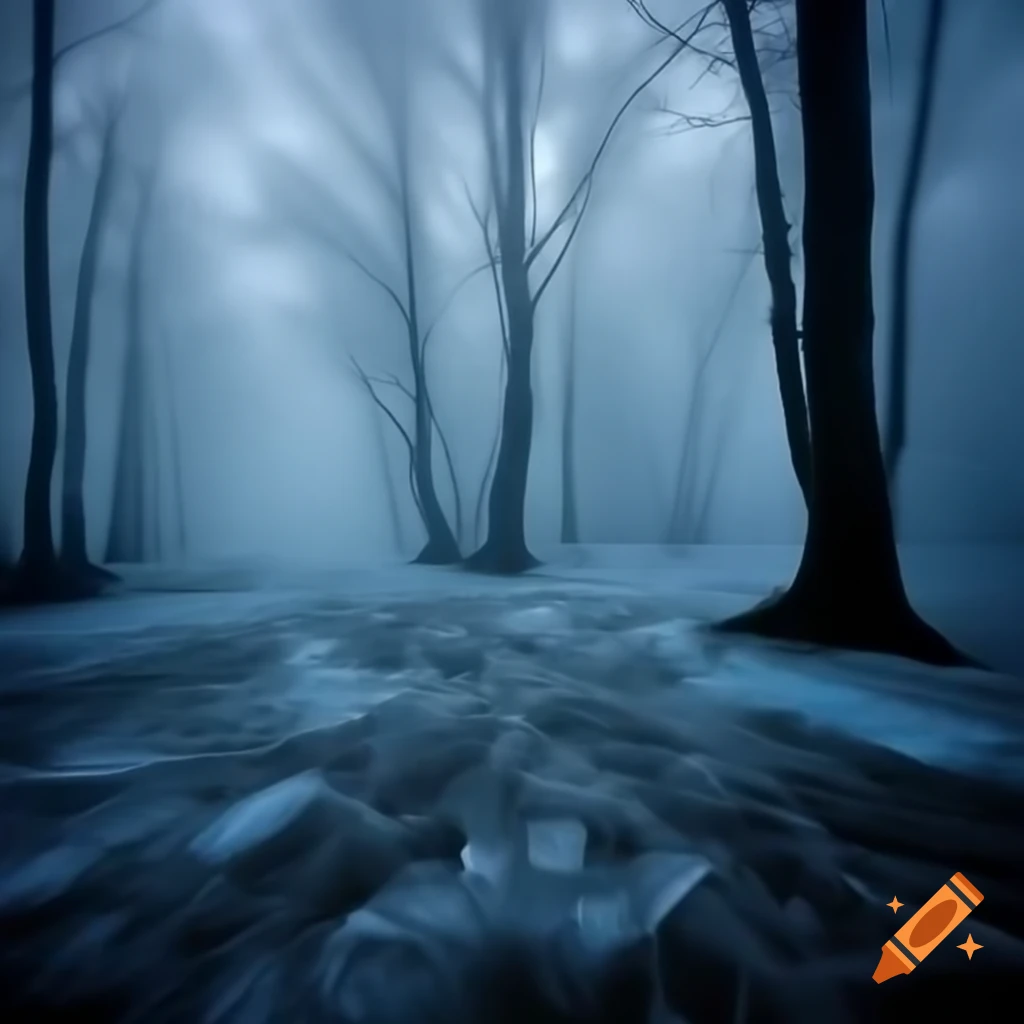 Frozen forest surrounded by bluish fog resembling oxygen