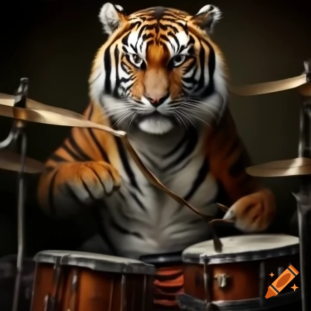 Tiger playing drumset in creative scene