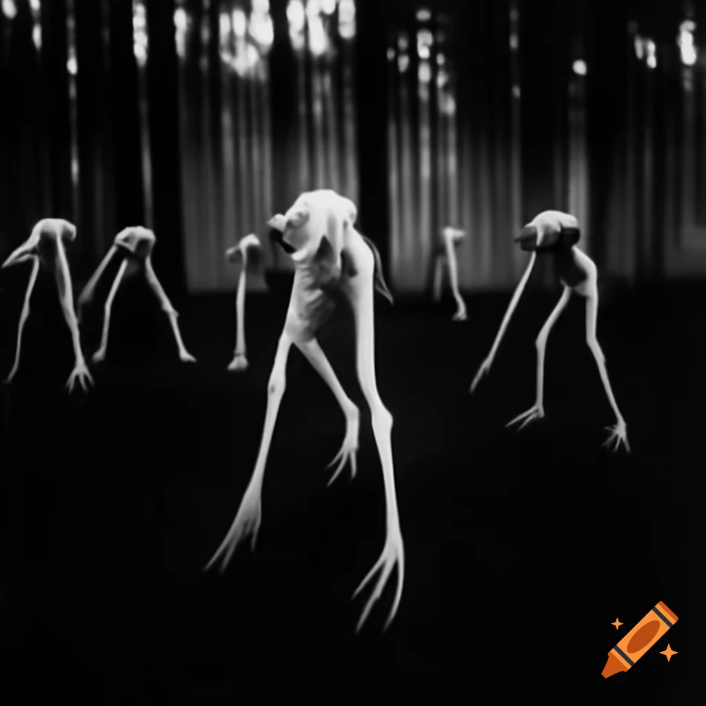 Tall slender figure crawling in dark forest, 80s movie poster style