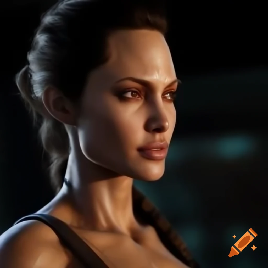Stunning portrait of Angelina Jolie as Lara Croft, showcasing athletic physique