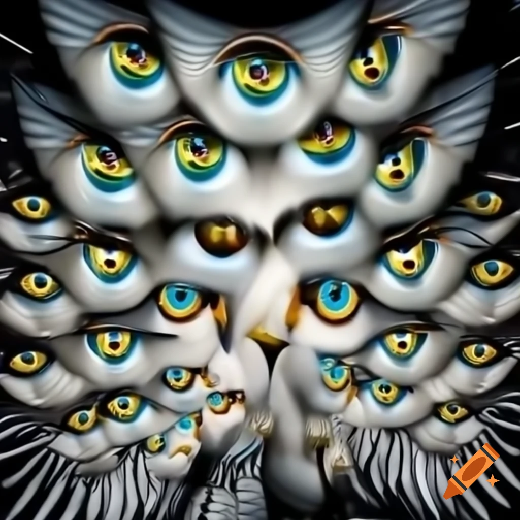 Flock of white birds with psychedelic eye patterns on wings