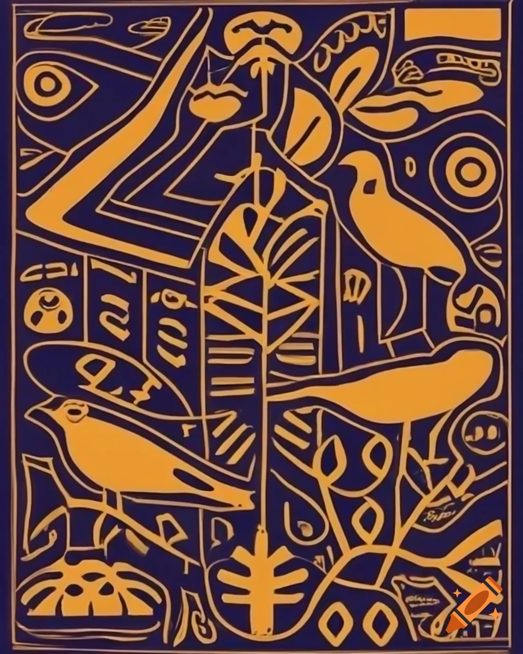 Panoramic view of native Salish designs featuring Seahawks, ravens, shorebirds, fish, and bears