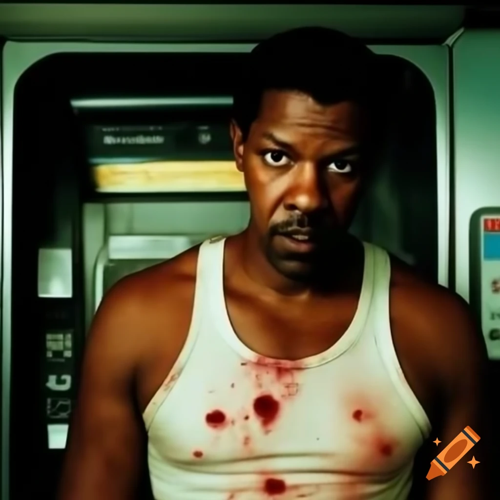 Denzel Washington in dirty tank top, bruised, using payphone in phone booth