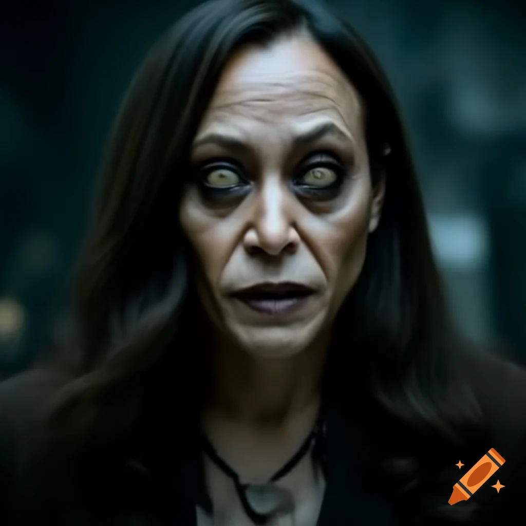 Kamala harris with an unsettling expression on craiyon
