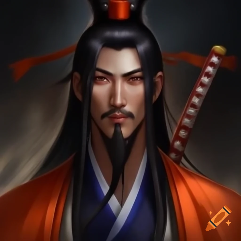 Asian samurai in orange mantle holding two katanas