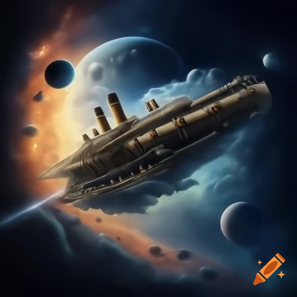 Intricate Victorian-style spacecraft traveling among glittering constellations