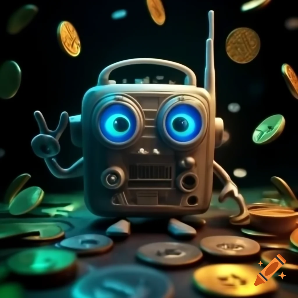 Radio with human features and gaming controller surrounded by crypto coins