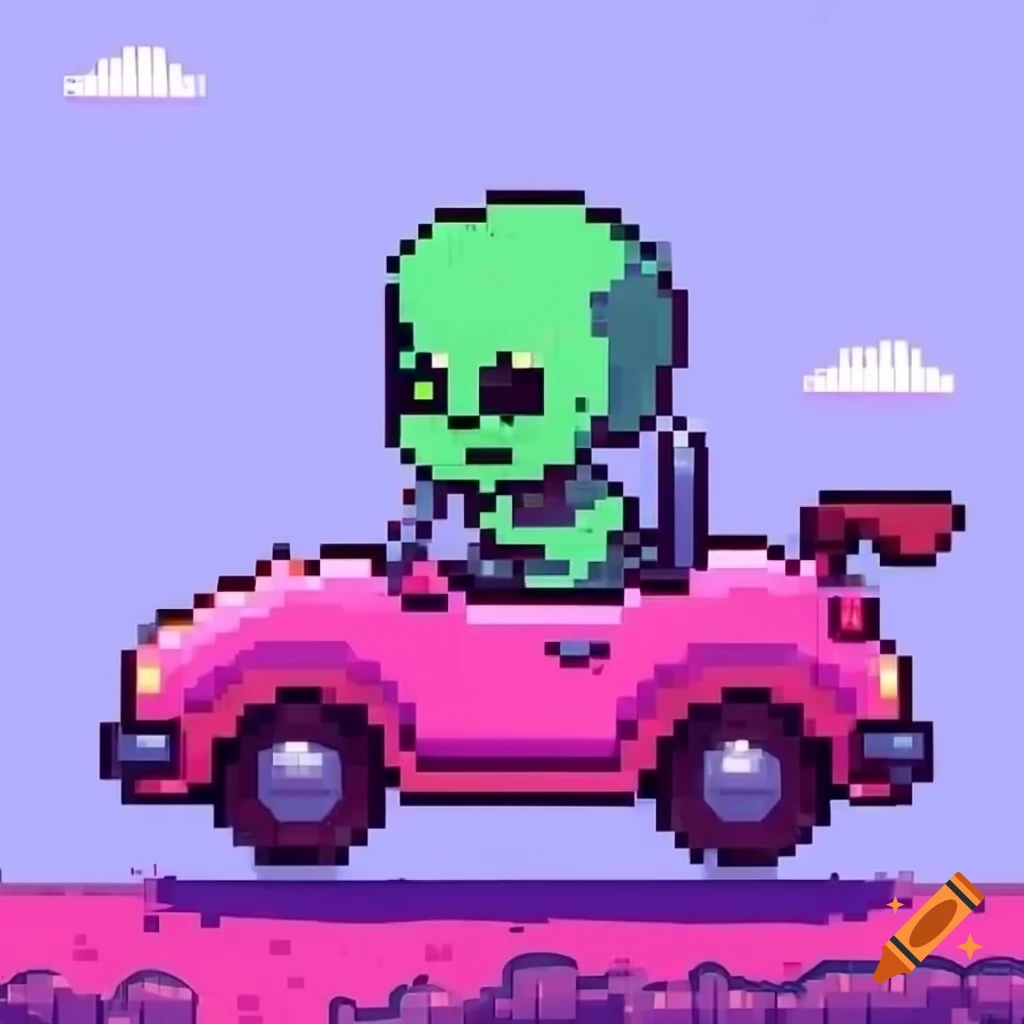 Kawaii pixel art featuring a zombie driving a pink car