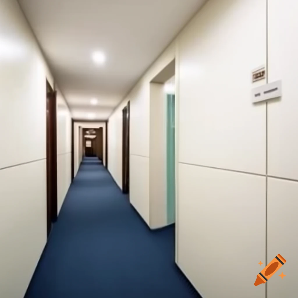 Liminal space hotel hallway with white carpet and tiled walls