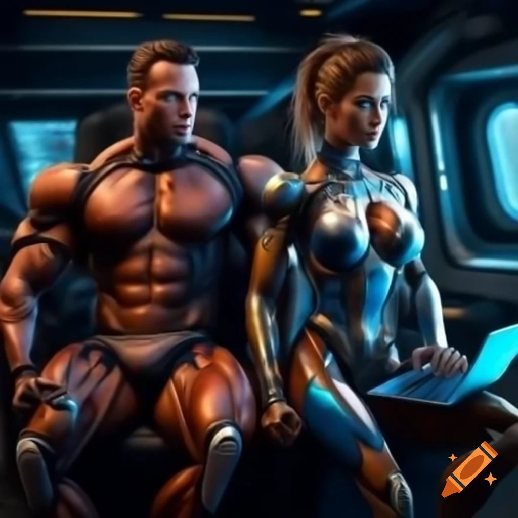 Cyborg bodybuilder couple in chest armor and posing trunks working on laptop in spaceship