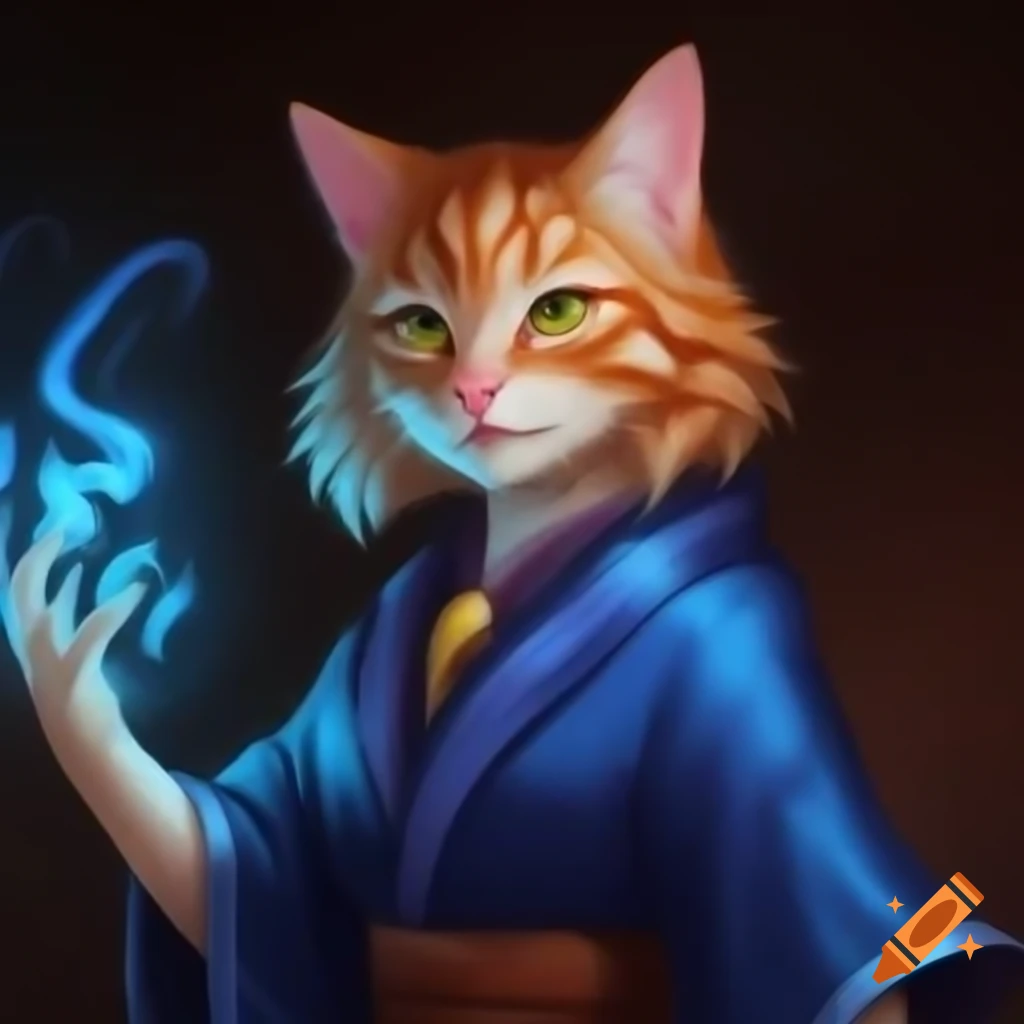 Female orange Tabby furry in blue silk robe, D&D magic promo art