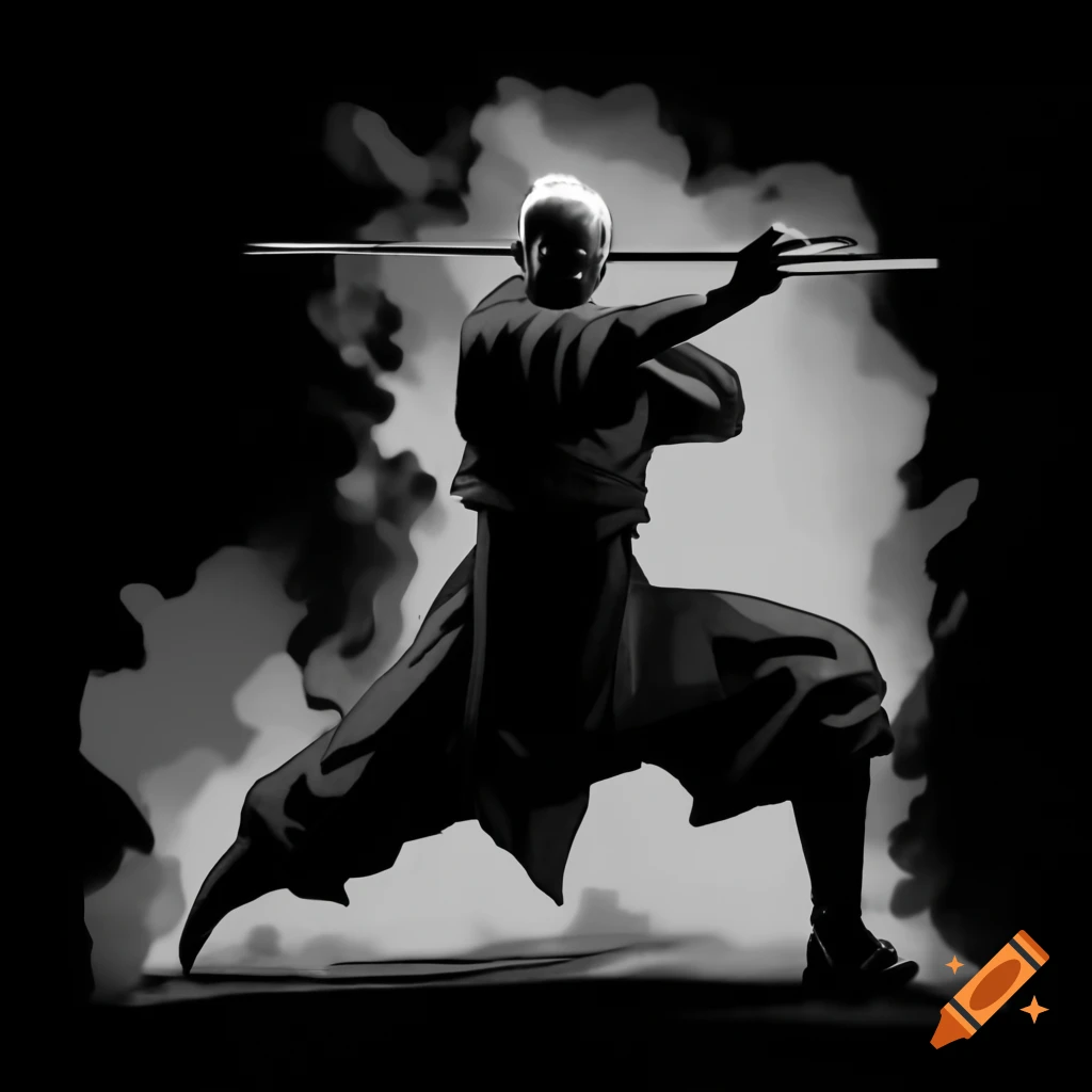 Shaolin monk in fighting pose with spear in monochrome silhouette
