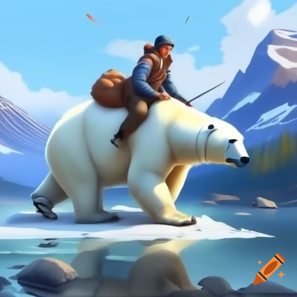 Bill Murray riding a polar bear in mountainous landscape