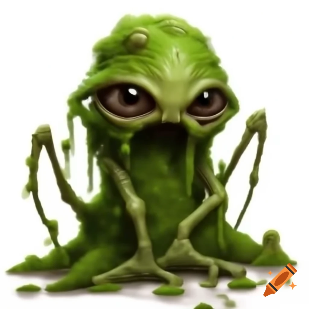 Green moss alien creature with hollow eyes and mouth, tall body and four legs