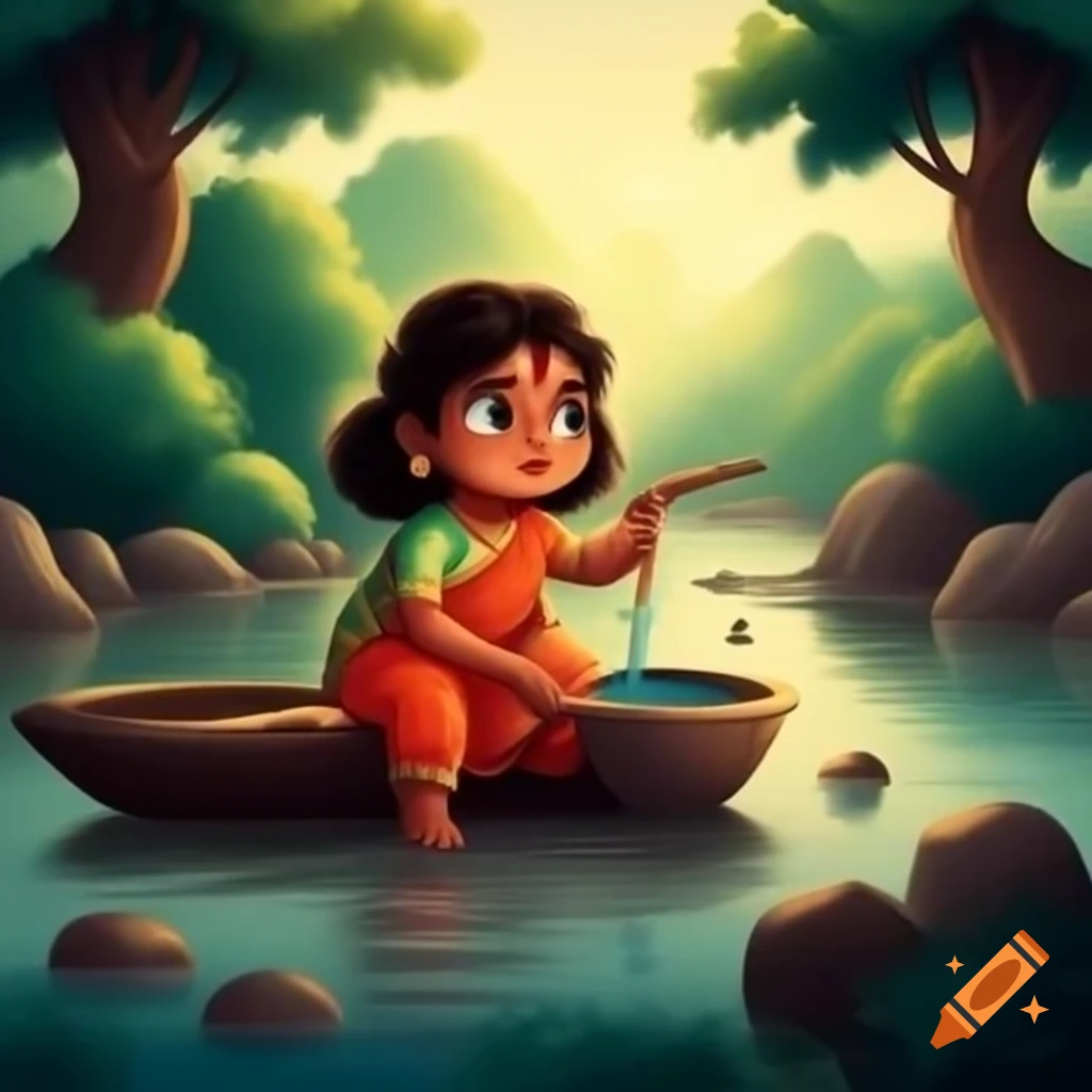 Indian village girl collecting water from serene river with lush green forests