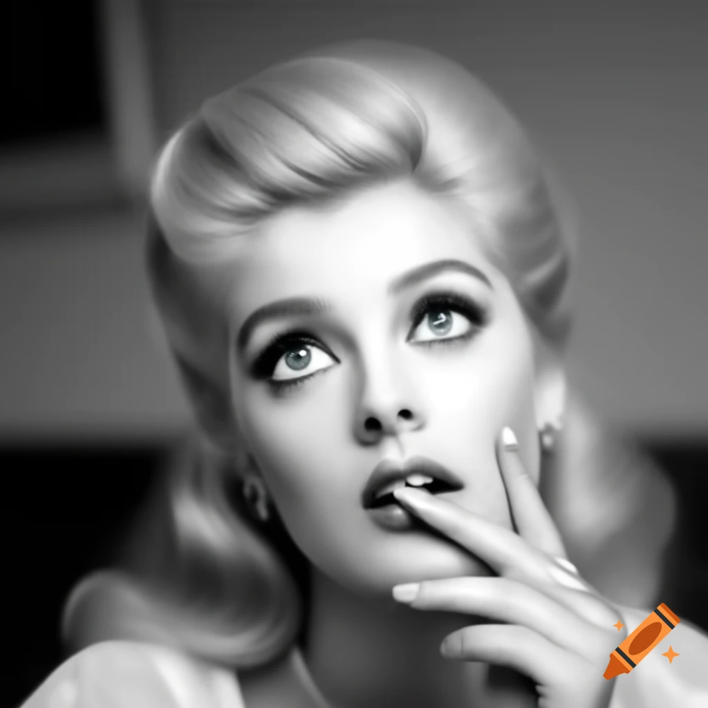 Hyper-realistic black and white portrait of a charming European actress from 1963
