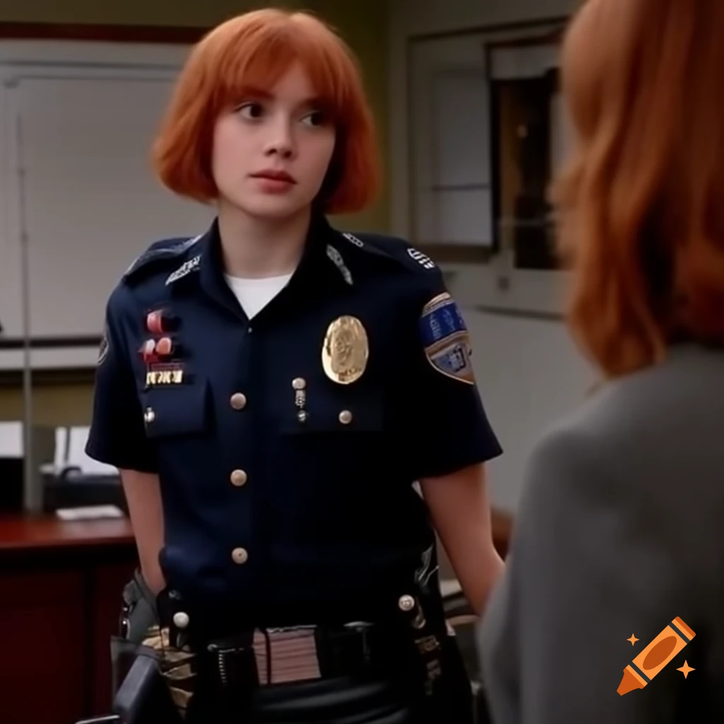 Close-up view of young female French policewoman in uniform in office setting