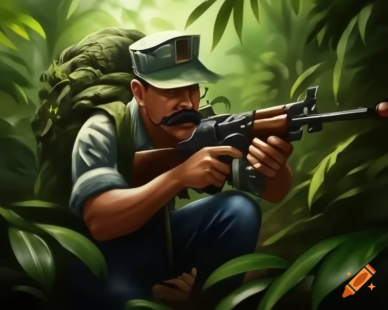 Navy SEAL in Vietnamese jungle with tiger stripe camouflage and submachine gun examining trail