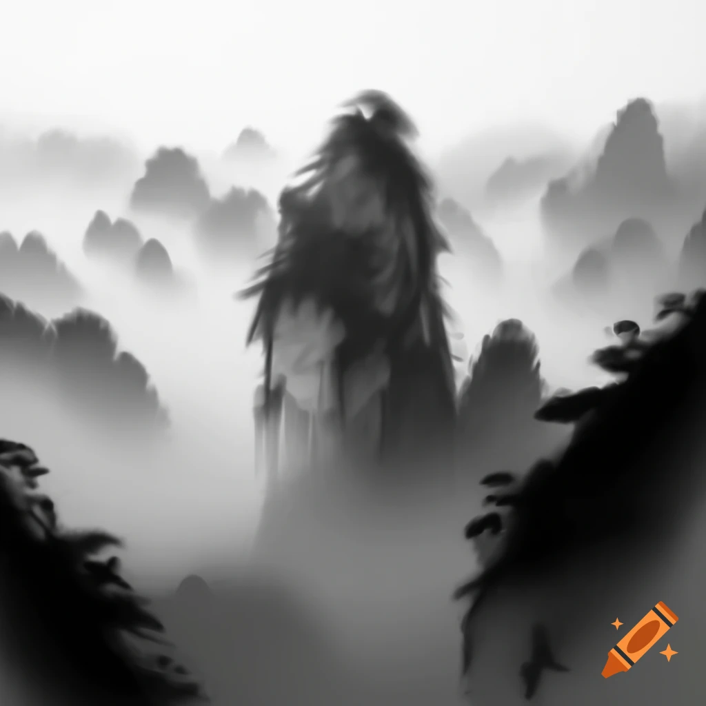 Monochrome ink painting of misty Huangshan mountain