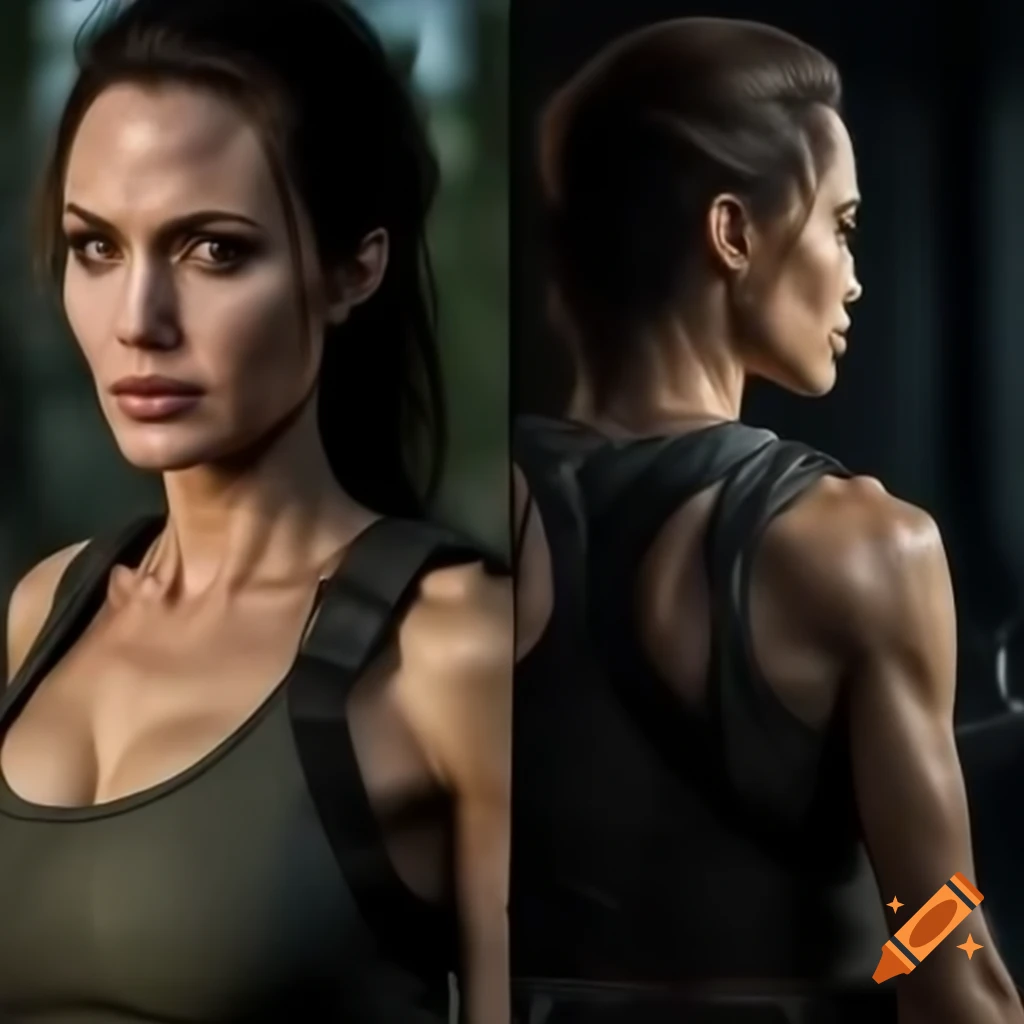 Portrait of Angelina Jolie as Lara Croft highlighting athletic physique