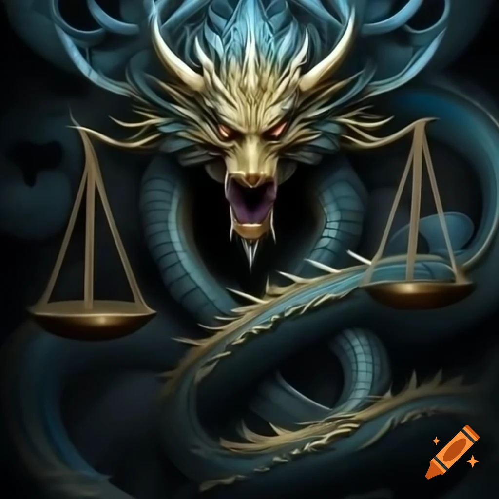 Libra scales hanging from golden and blue Chinese dragon with long whiskers